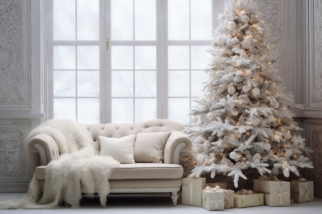 Hermoso árbol de navidad con sofá.