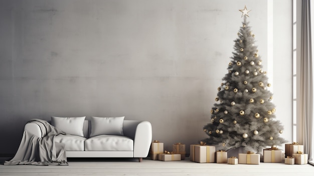 Foto gratuita hermoso árbol de navidad con sofá.