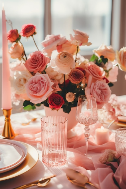 Foto gratuita hermoso arreglo de mesa con rosas