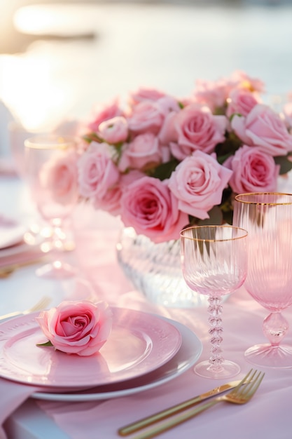 Foto gratuita hermoso arreglo de mesa con rosas