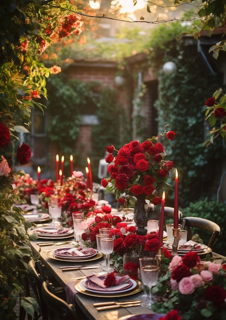 Foto gratuita hermoso arreglo de mesa con rosas