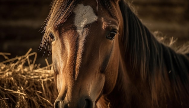 Foto gratuita hermoso caballo bayo pastando en un prado tranquilo generado por ia