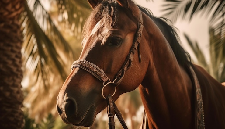 Foto gratuito hermoso caballo bayo pastando en un prado de verano generado por ia