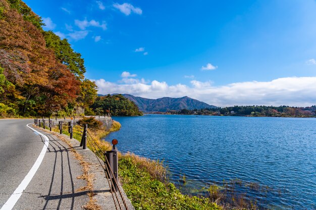 Hermoso camino lateral del paisaje alrededor del lago kawaguchiko