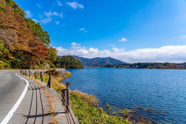 Hermoso camino lateral del paisaje alrededor del lago kawaguchiko