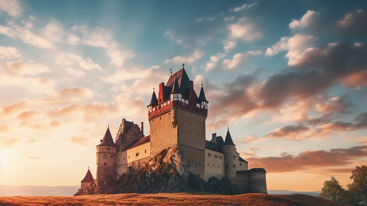 Foto gratuito hermoso castillo majestuoso ángulo bajo