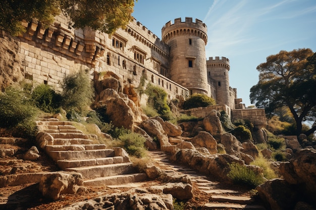 Un hermoso castillo rodeado de naturaleza.