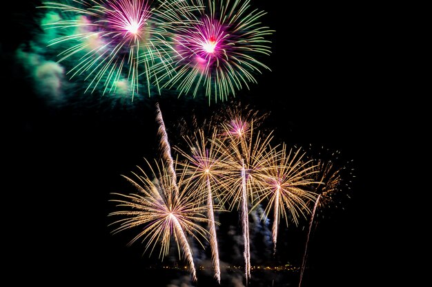 Hermoso colorido espectáculo de fuegos artificiales en la noche para celebrar