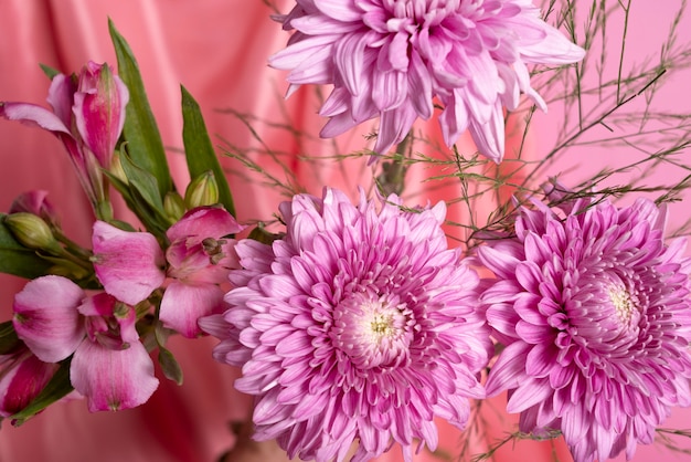 Foto gratuita hermoso crisantemo con tela rosa.