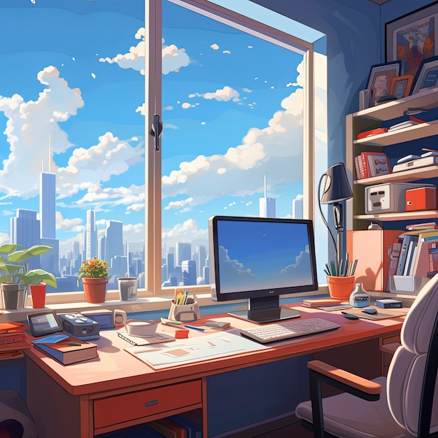 Hermoso espacio de oficina en estilo de dibujos animados