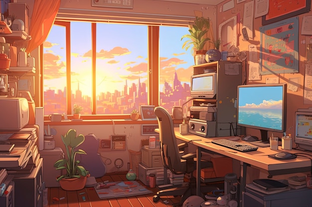 Hermoso espacio de oficina en estilo de dibujos animados