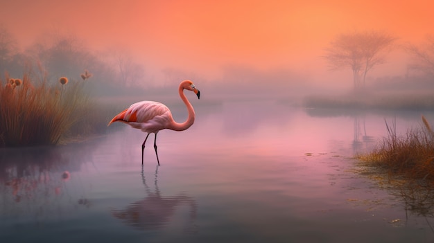 Hermoso flamenco en el lago