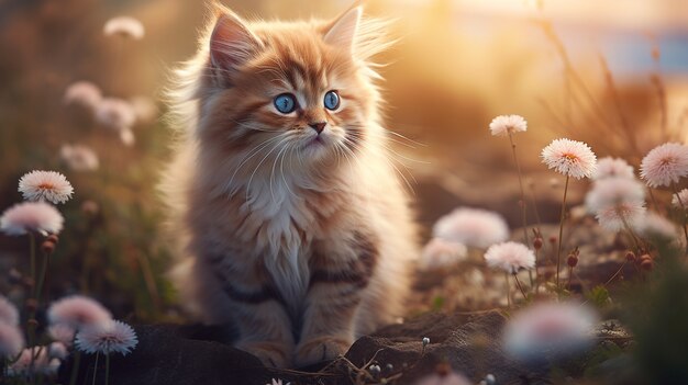 Hermoso gatito con flores al aire libre