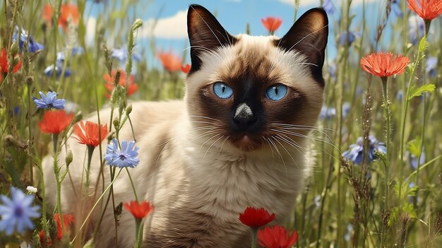 Hermoso gatito con flores al aire libre