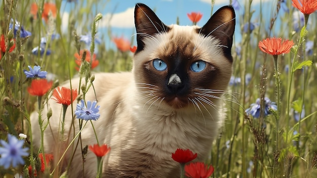 Hermoso gatito con flores al aire libre