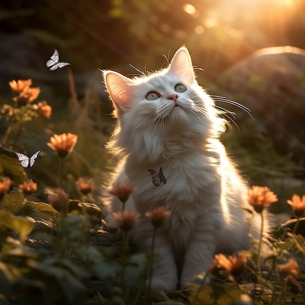 Foto gratuita hermoso gatito con flores al aire libre