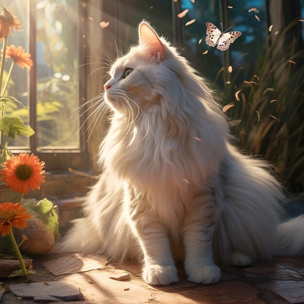 Hermoso gatito con flores al aire libre