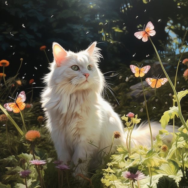 Hermoso gatito con flores al aire libre