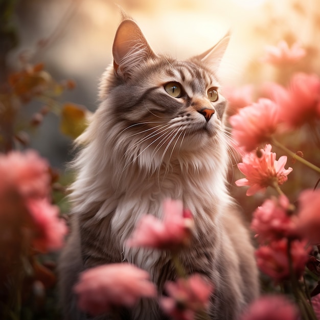 Hermoso gatito con flores al aire libre