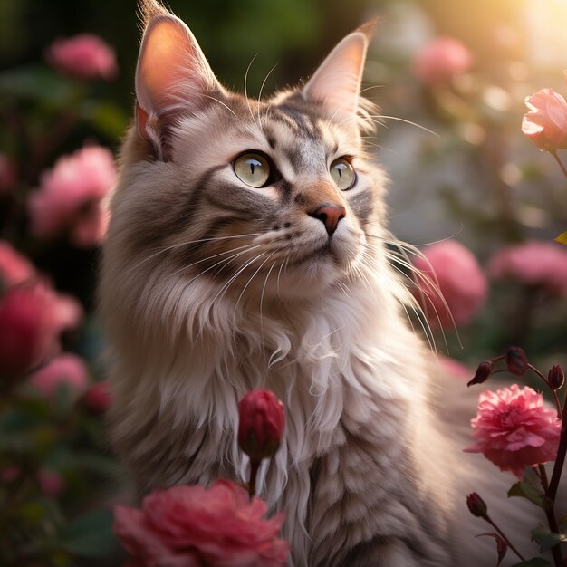 Hermoso gatito con flores al aire libre