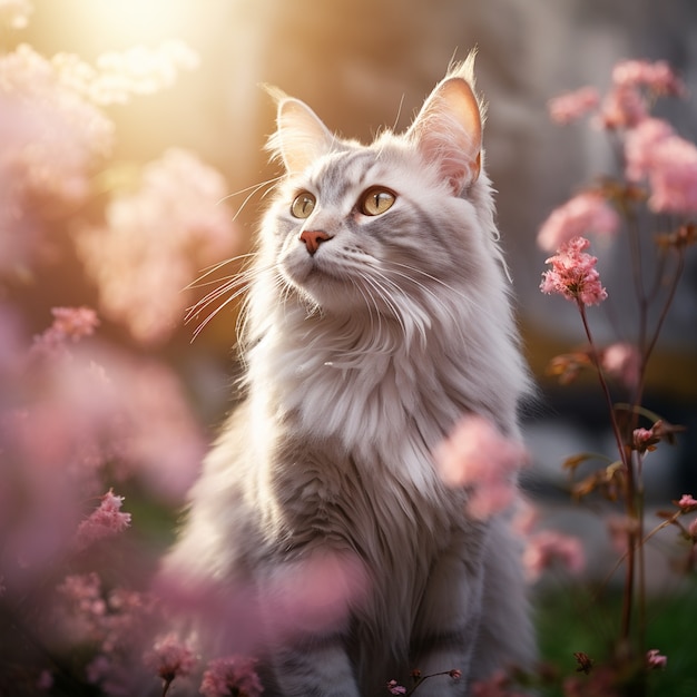 Foto gratuita hermoso gatito con flores al aire libre