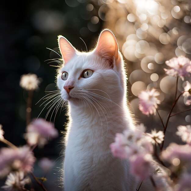 Hermoso gatito con flores al aire libre