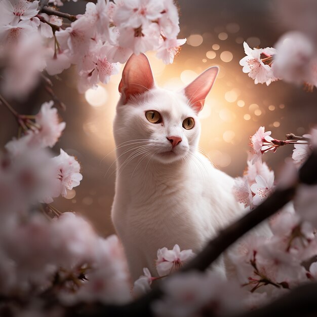 Hermoso gatito con flores al aire libre