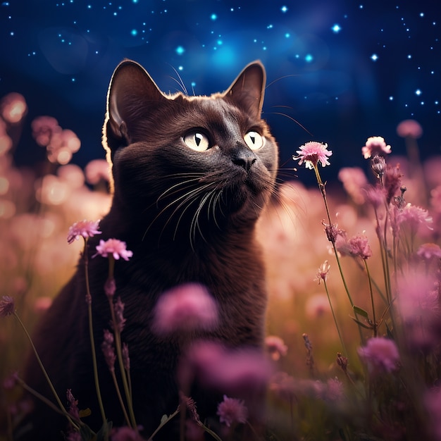 Hermoso gatito con flores al aire libre