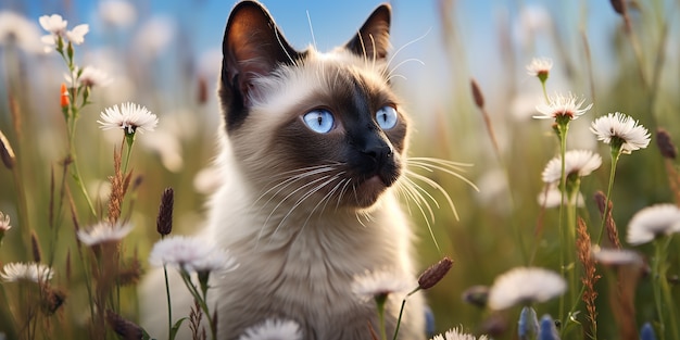 Hermoso gatito con flores al aire libre