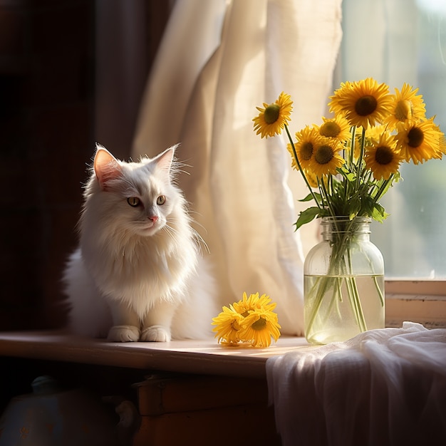 Foto gratuita hermoso gatito con flores en el interior