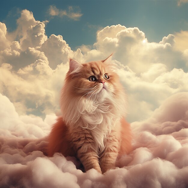 Hermoso gatito con nubes de colores