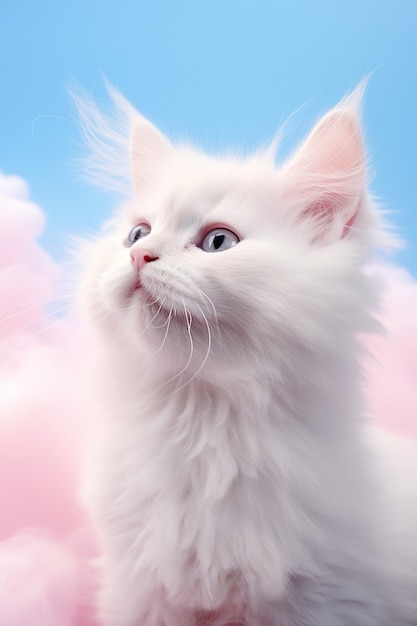 Hermoso gatito con nubes de colores