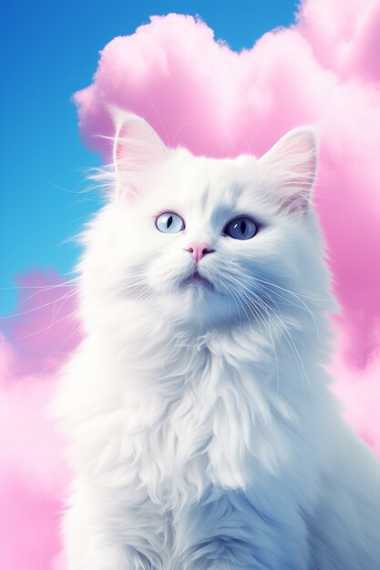 Hermoso gatito con nubes de colores