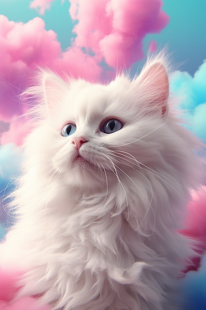 Hermoso gatito con nubes de colores