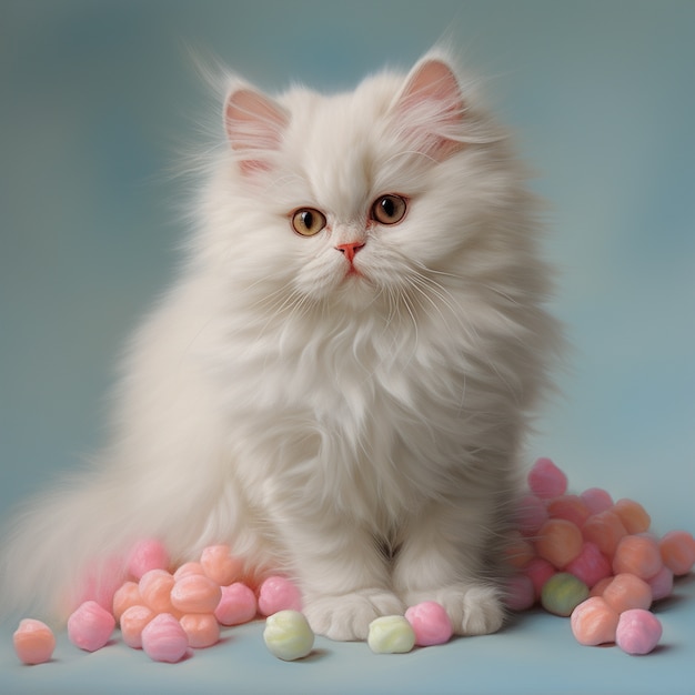 Foto gratuita hermoso gato blanco con pelotas en el interior