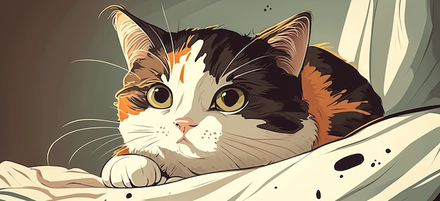 Hermoso gato esponjoso en la cama IA generativa