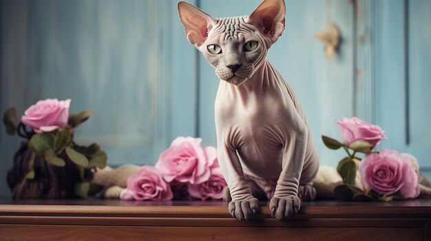 Hermoso gato sphynx con rosas