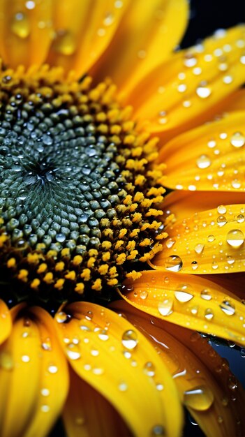 Hermoso girasol con gotas de agua.