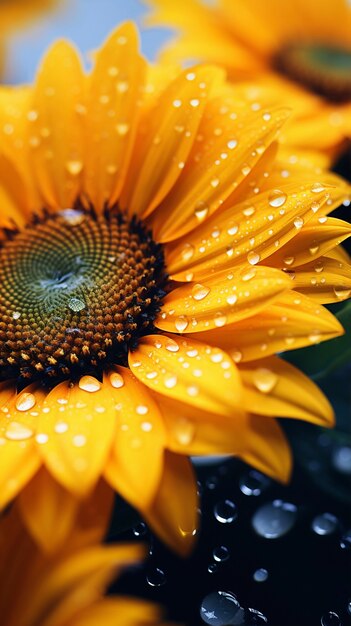 Hermoso girasol con gotas de agua.