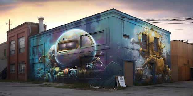 Hermoso graffiti espacial en el edificio