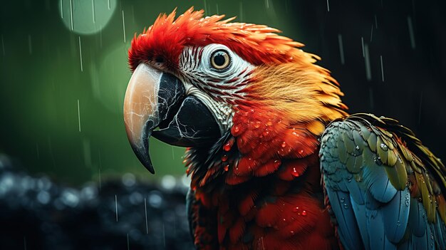 Hermoso loro guacamayo bajo la lluvia Loro tropical