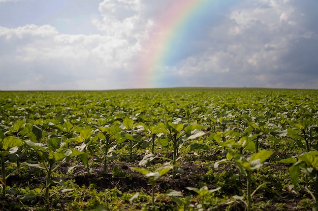 Hermoso paisaje con arcoiris y plantas.