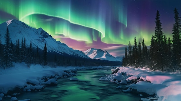 Hermoso paisaje con aurora boreal