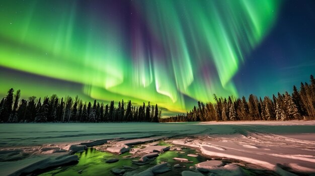 Hermoso paisaje con aurora boreal