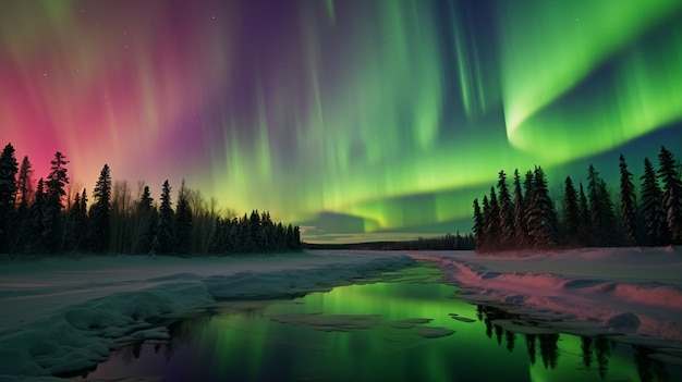 Hermoso paisaje con aurora boreal