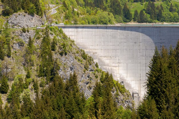 Hermoso paisaje con un bosque que rodea una presa en Longrin, Suiza