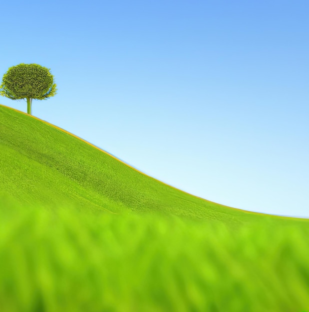 Hermoso paisaje con campo de hierba verde y árbol solitario generativo ai