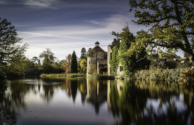 Hermoso paisaje de un castillo que se refleja en el claro lago rodeado de diferentes tipos de plantas.