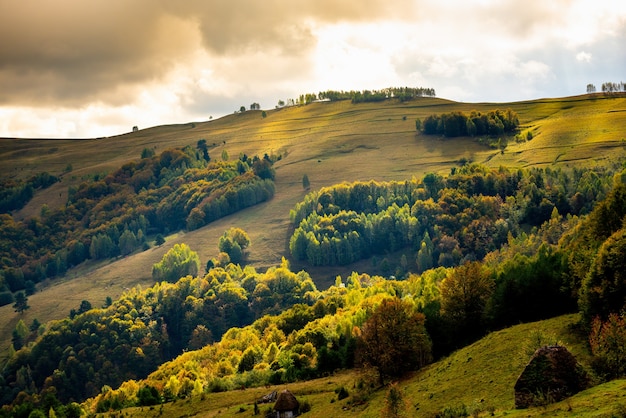 Foto gratuita hermoso paisaje con la famosa cordillera apuseni en rumania bajo un cielo nublado