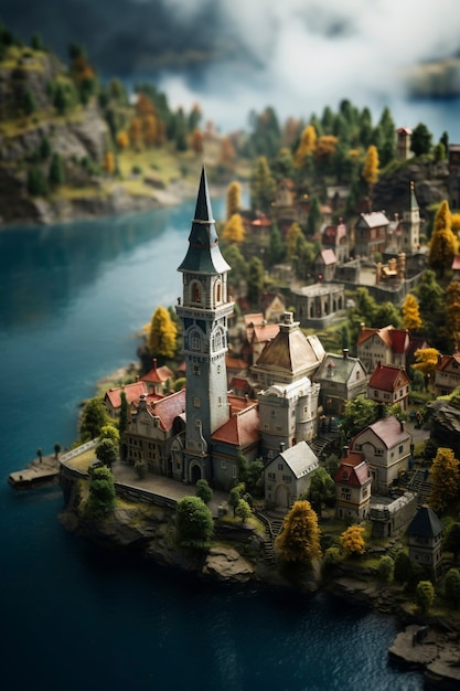 Hermoso paisaje de fantasía medieval con ciudad